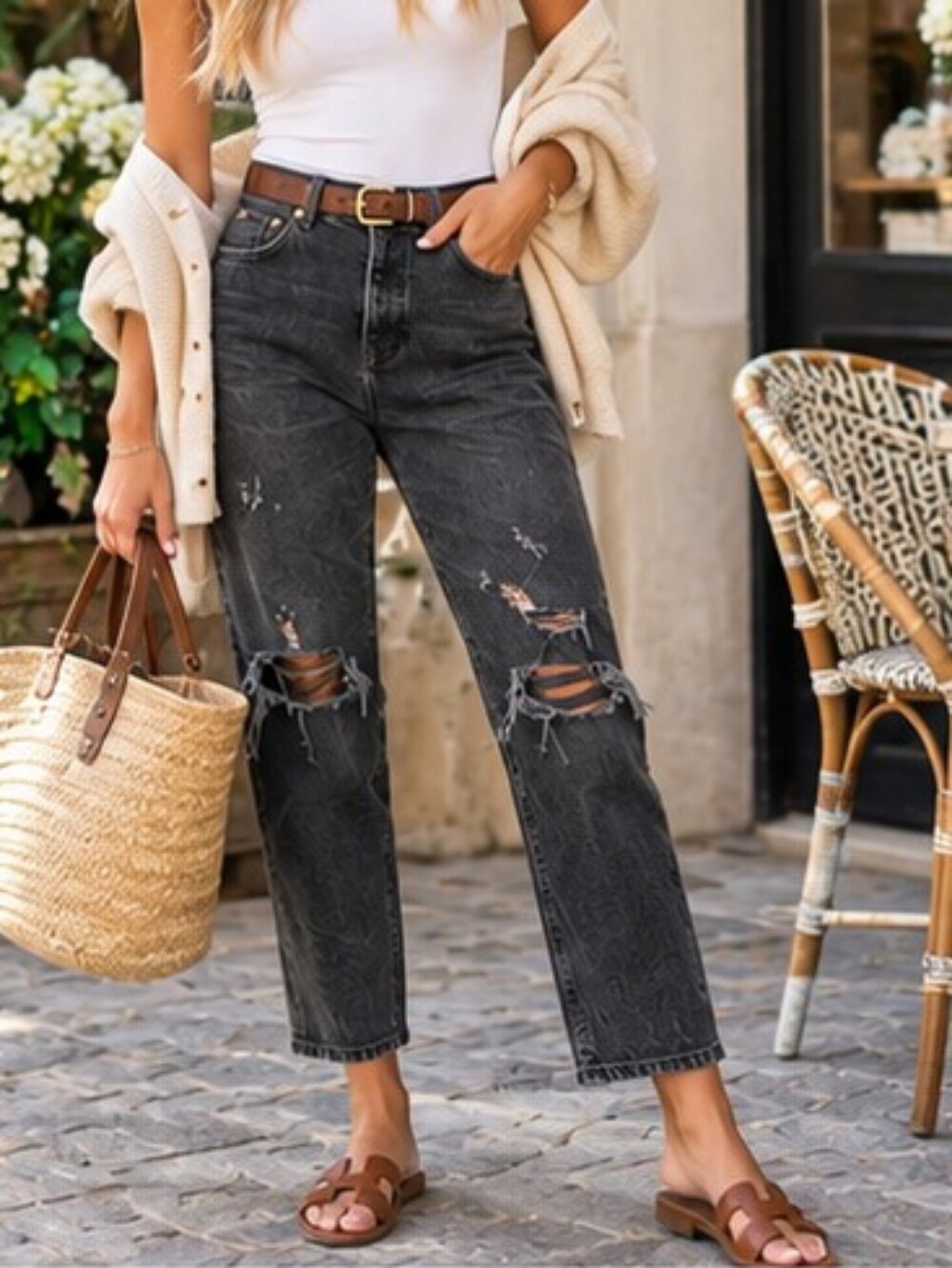 We The Free x Free People Mid Rise Straight Leg Ripped Jeans Black 27